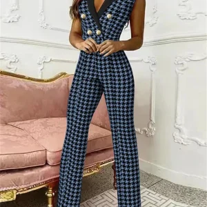 Elodie - Jumpsuit met V-hals en Pied-de-Poule Print | Trendy en Elegant