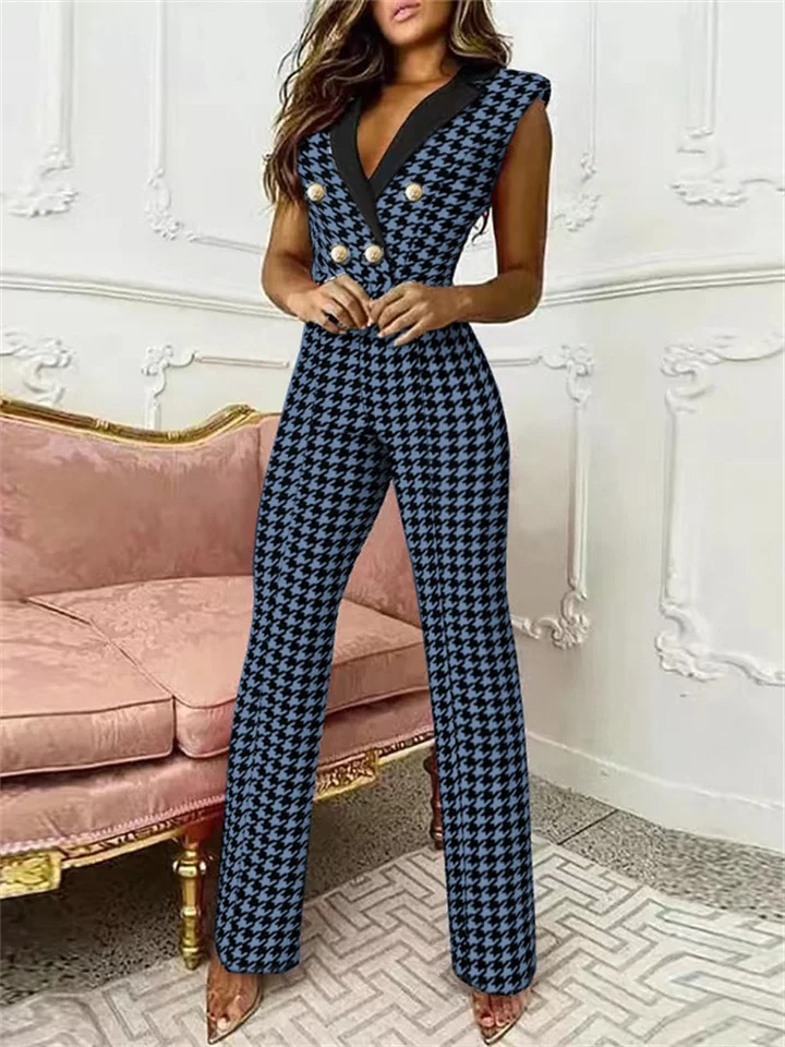 Elodie - Jumpsuit met V-hals en Pied-de-Poule Print | Trendy en Elegant