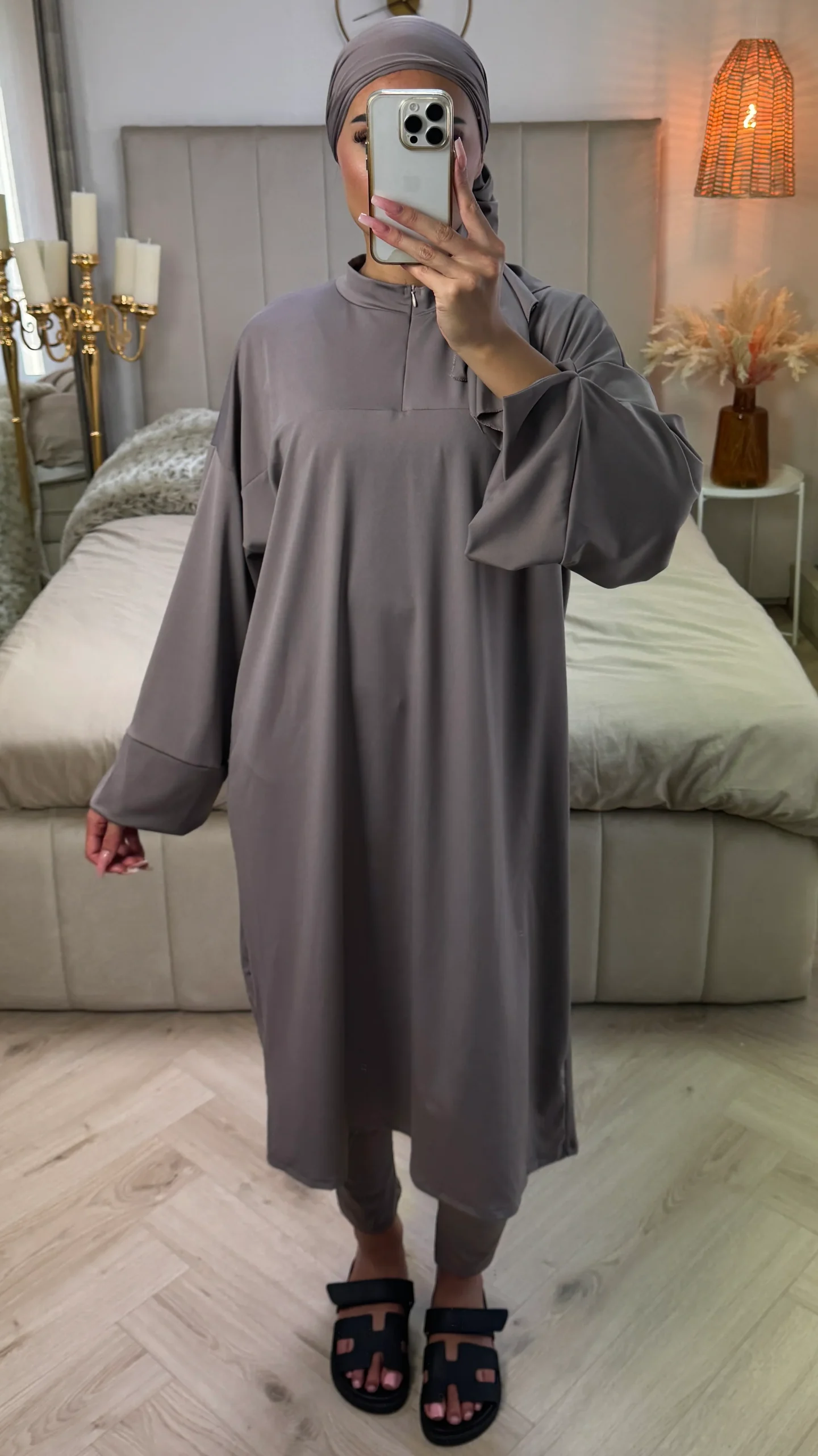 Zipper Essential Long Burkini Split Sleeve Detail + Hijab -Tie Belt - Afbeelding 9