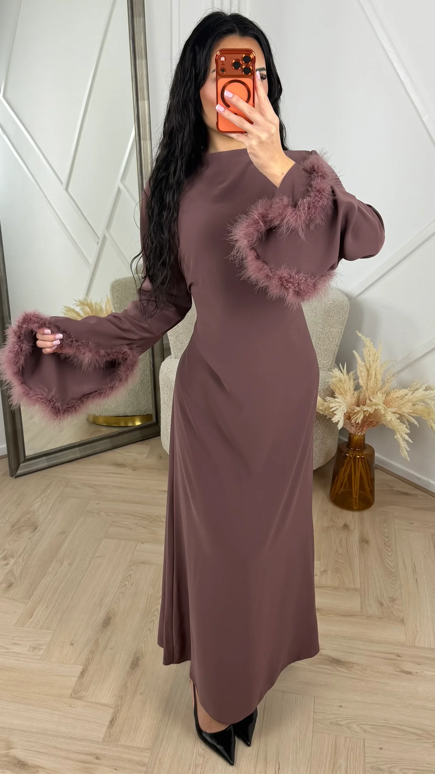 Abaya Maxi Jurk met Feather Manchetten en Taillekoord - Afbeelding 2