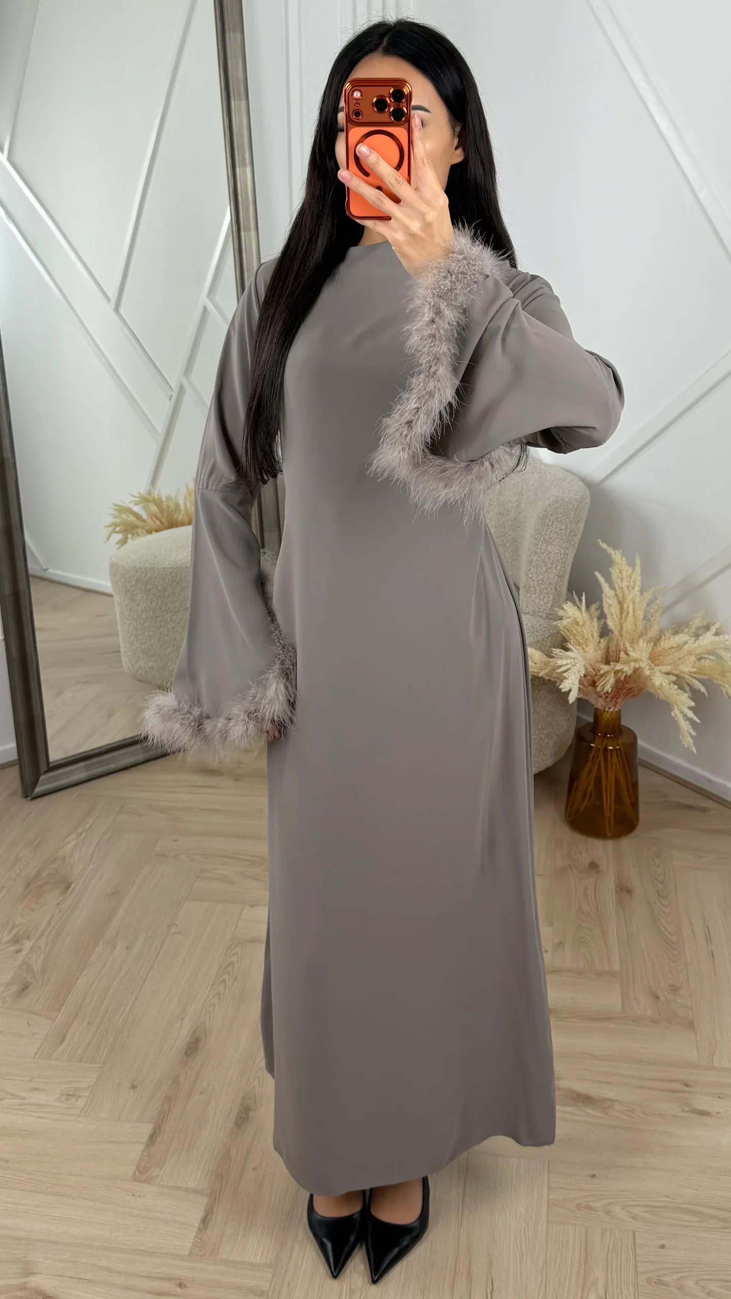 Abaya Maxi Jurk met Feather Manchetten en Taillekoord - Afbeelding 6