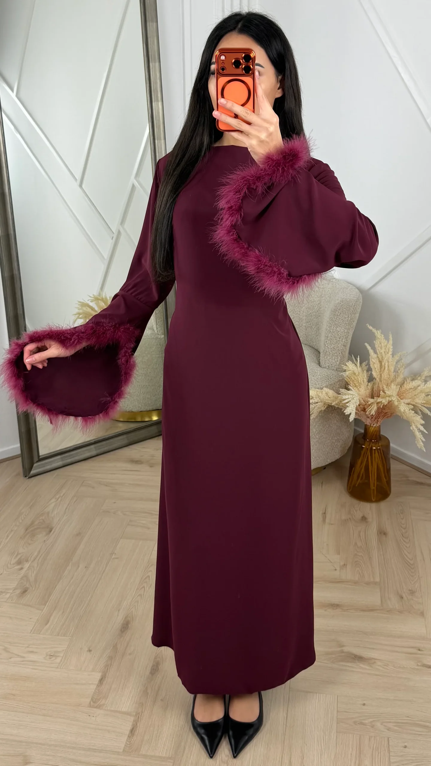 Abaya Maxi Jurk met Feather Manchetten en Taillekoord - Afbeelding 5