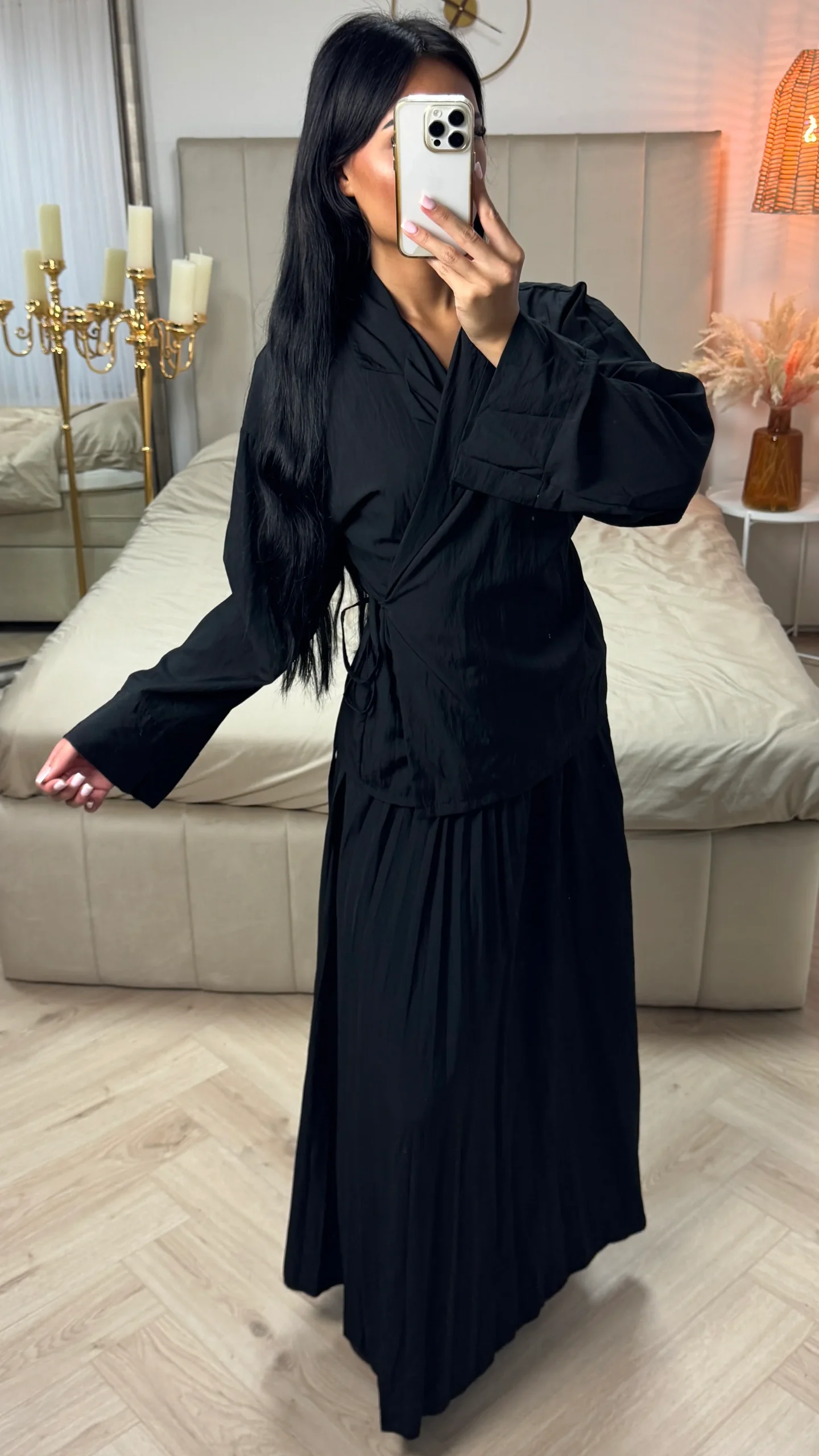 2-Delige Set van Viscoseblend met Overslag Top en Geplooide Rok - Afbeelding 3