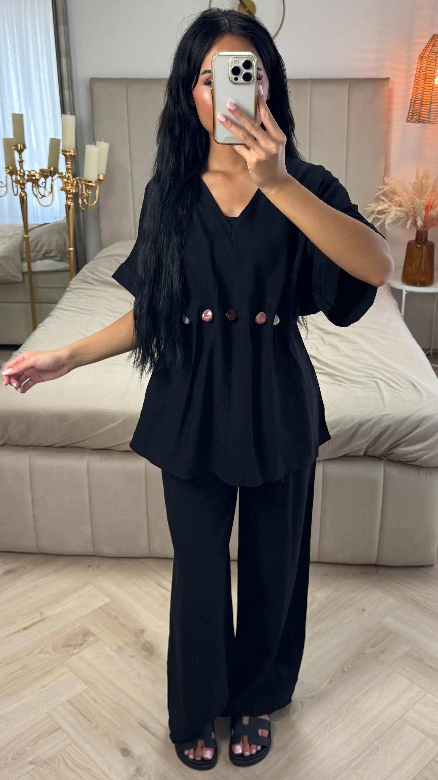 2-Delige Viscoseblend Set met Marmeren Knopen en Wijde Broek - Afbeelding 3