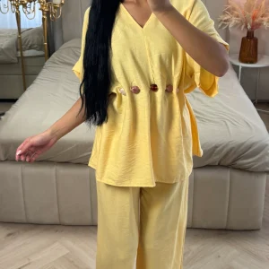 2-Delige Viscoseblend Set met Marmeren Knopen en Wijde Broek