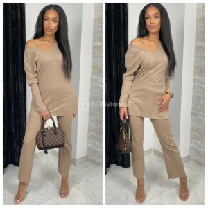V Neck Thin Ribbed Wide Leg Musthave Set