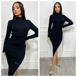 High Neck Ribbed Dress Diamond Frills LX75