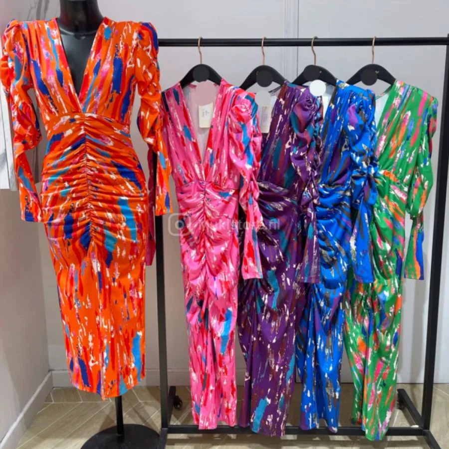 V Neck Printed Dress Taille Detail Shoulder Pads 7932-1 - Afbeelding 9