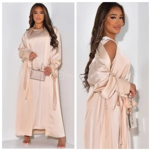 2psc Set Satin Kimono+Dress Bow Wrist