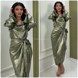 2pcs Metallic Top + Tie Belt Skirt Set