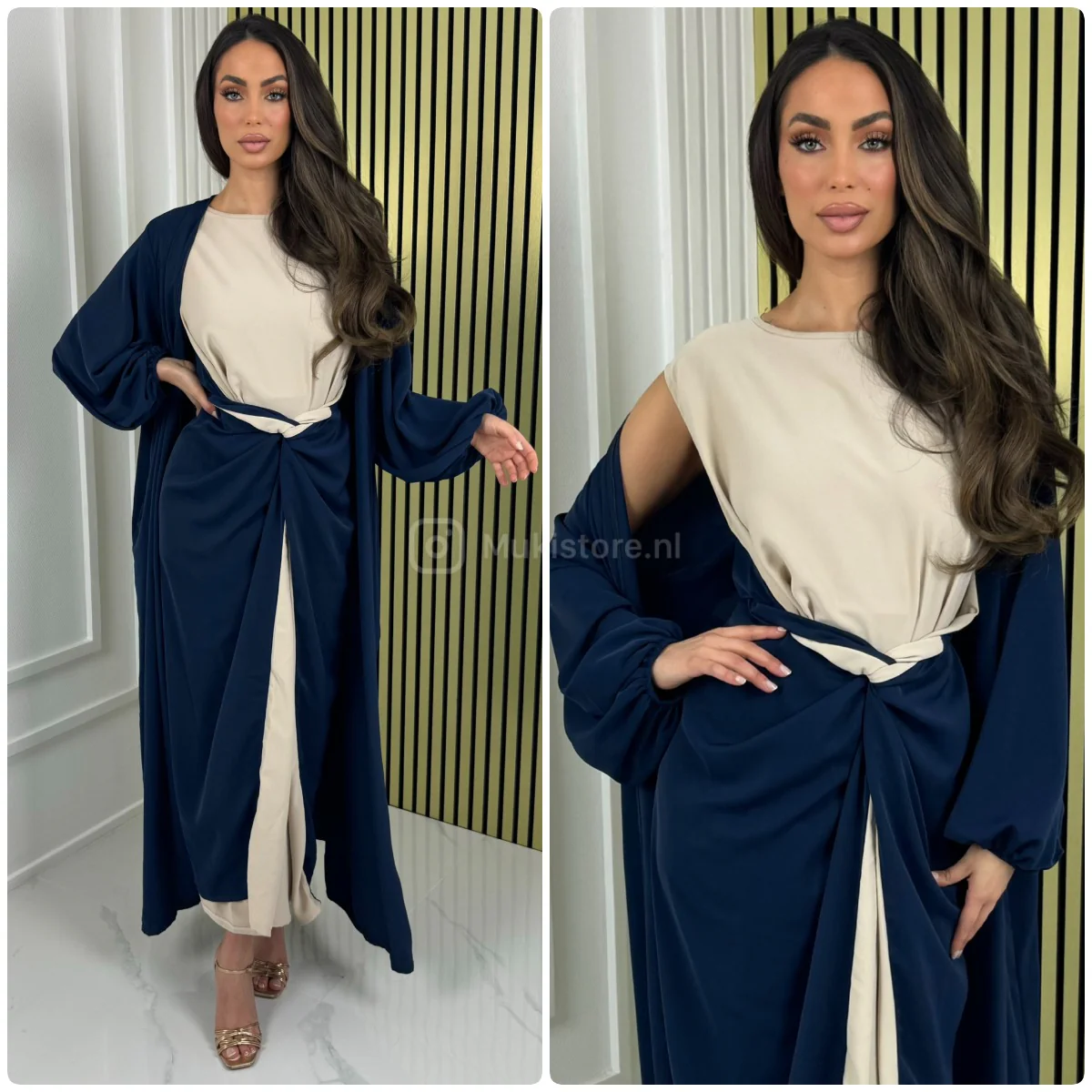 2pcs Set Multicolor Sleeveless Tie Belt Dress + Kimono Pocket Detail - Afbeelding 3