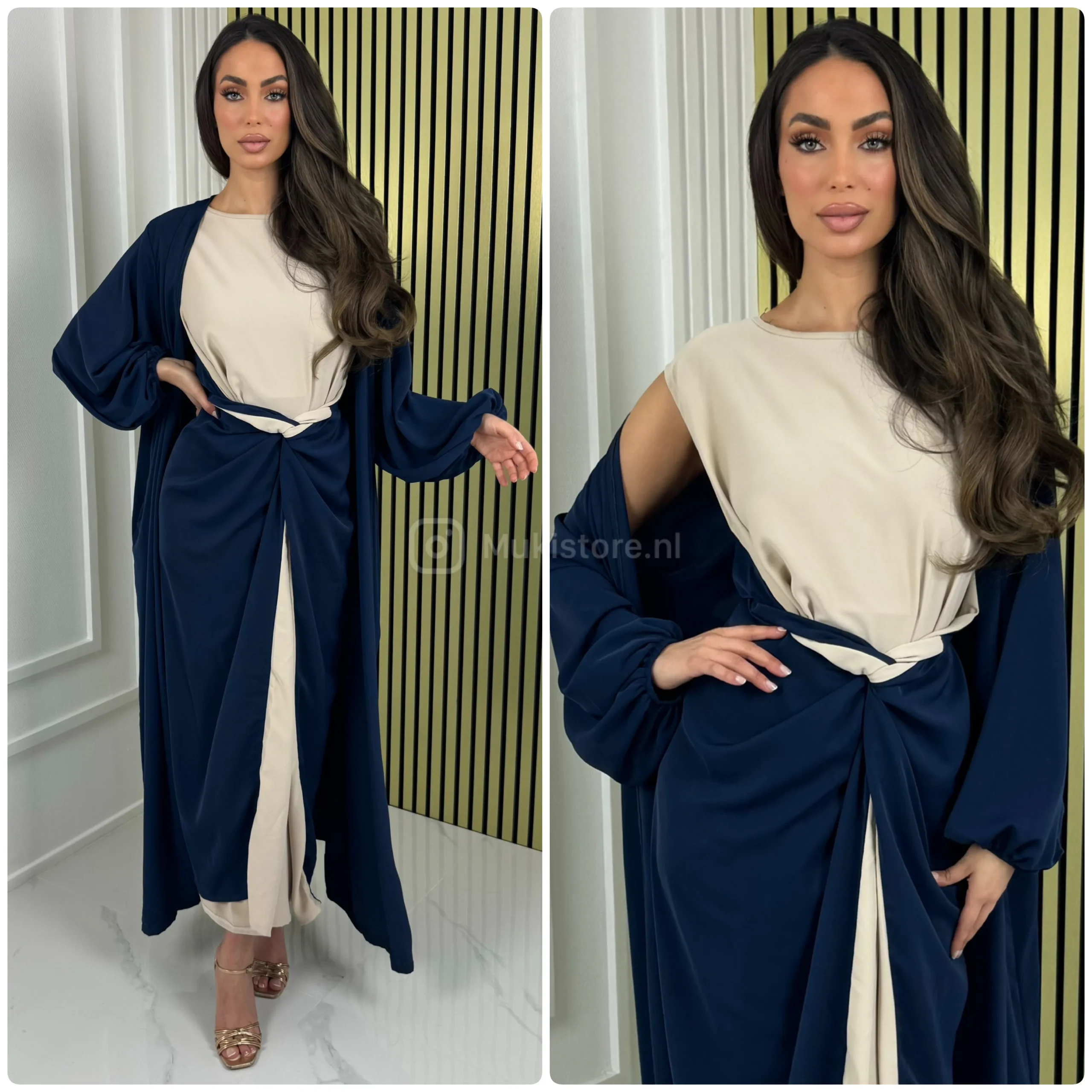 2pcs Set Multicolor Sleeveless Tie Belt Dress + Kimono Pocket Detail - Afbeelding 8