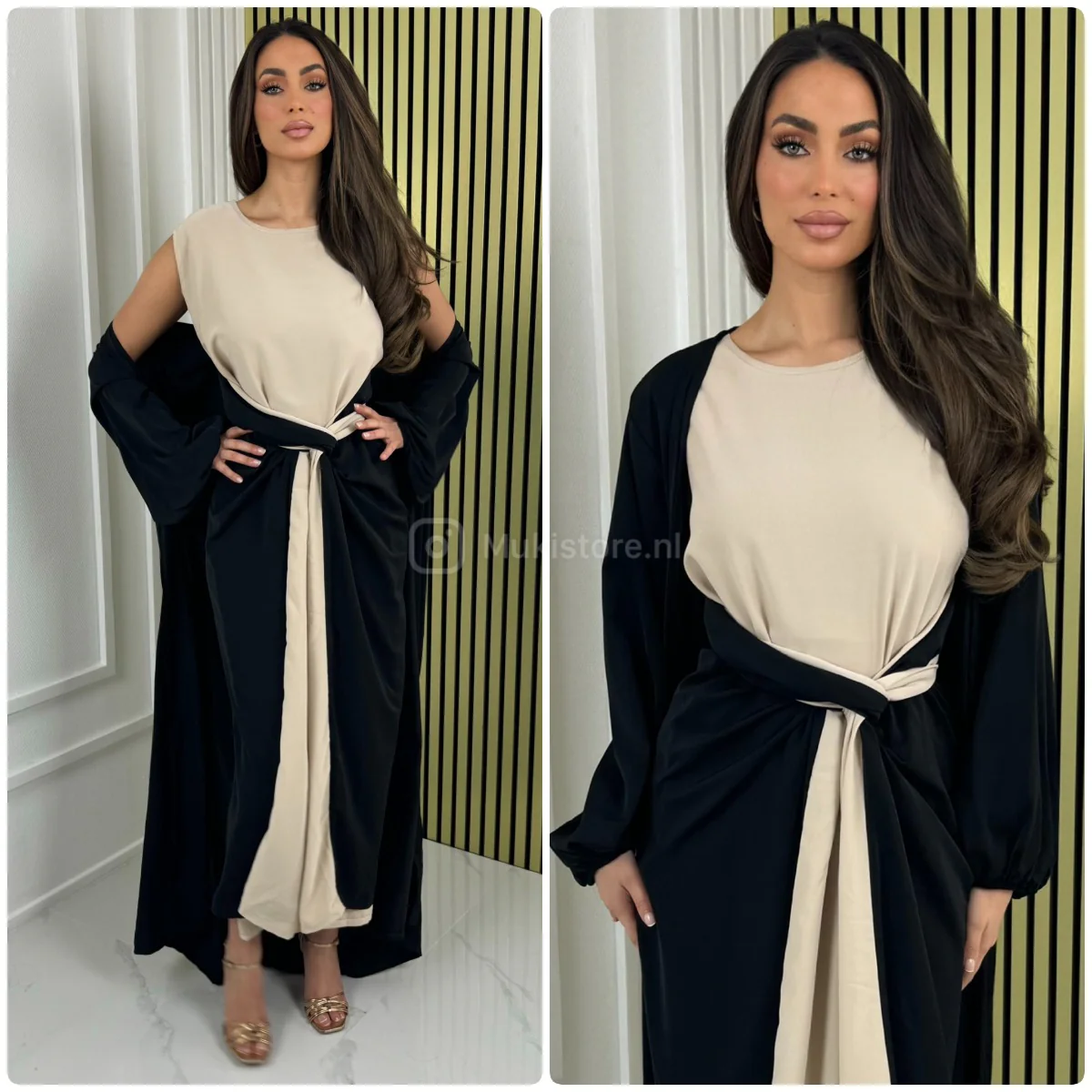 2pcs Set Multicolor Sleeveless Tie Belt Dress + Kimono Pocket Detail - Afbeelding 4