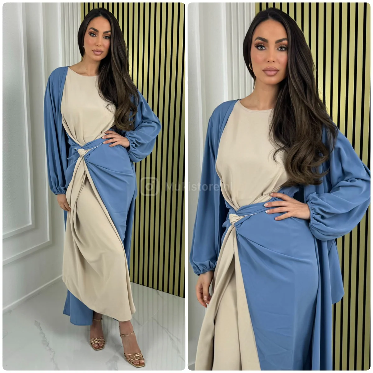 2pcs Set Multicolor Sleeveless Tie Belt Dress + Kimono Pocket Detail - Afbeelding 5