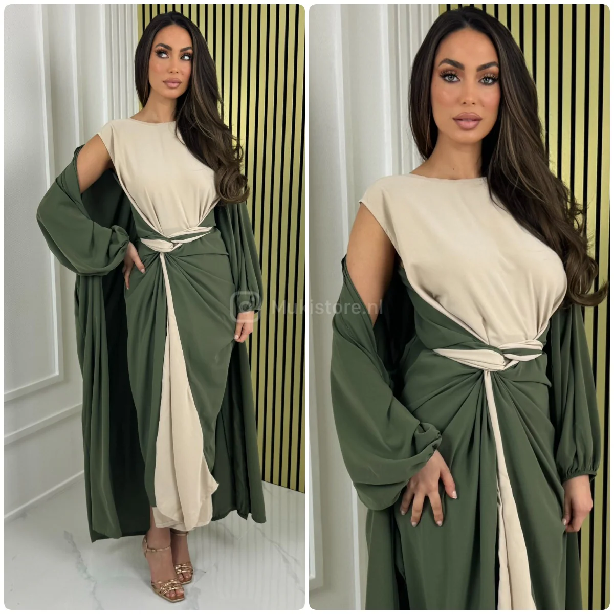 2pcs Set Multicolor Sleeveless Tie Belt Dress + Kimono Pocket Detail