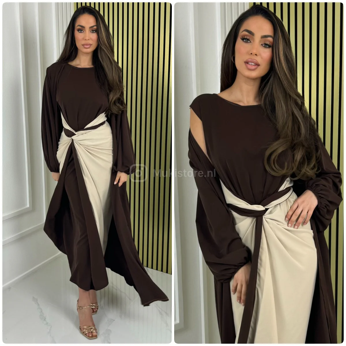 2pcs Set Multicolor Sleeveless Tie Belt Dress + Kimono Pocket Detail - Afbeelding 6