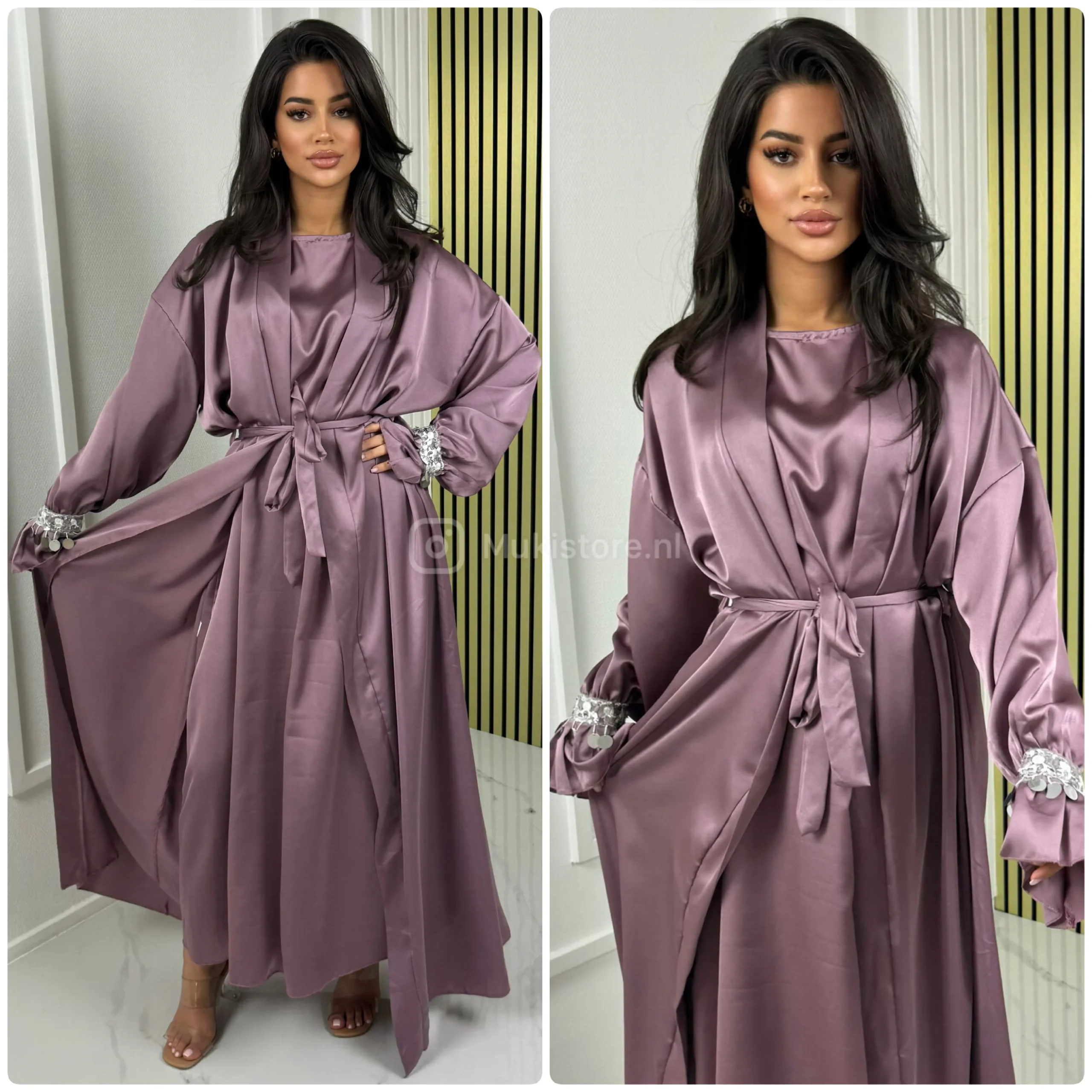 2pcs Set Satin Tie Belt Kimono + Dress Silver Sleeve Detail - Afbeelding 8