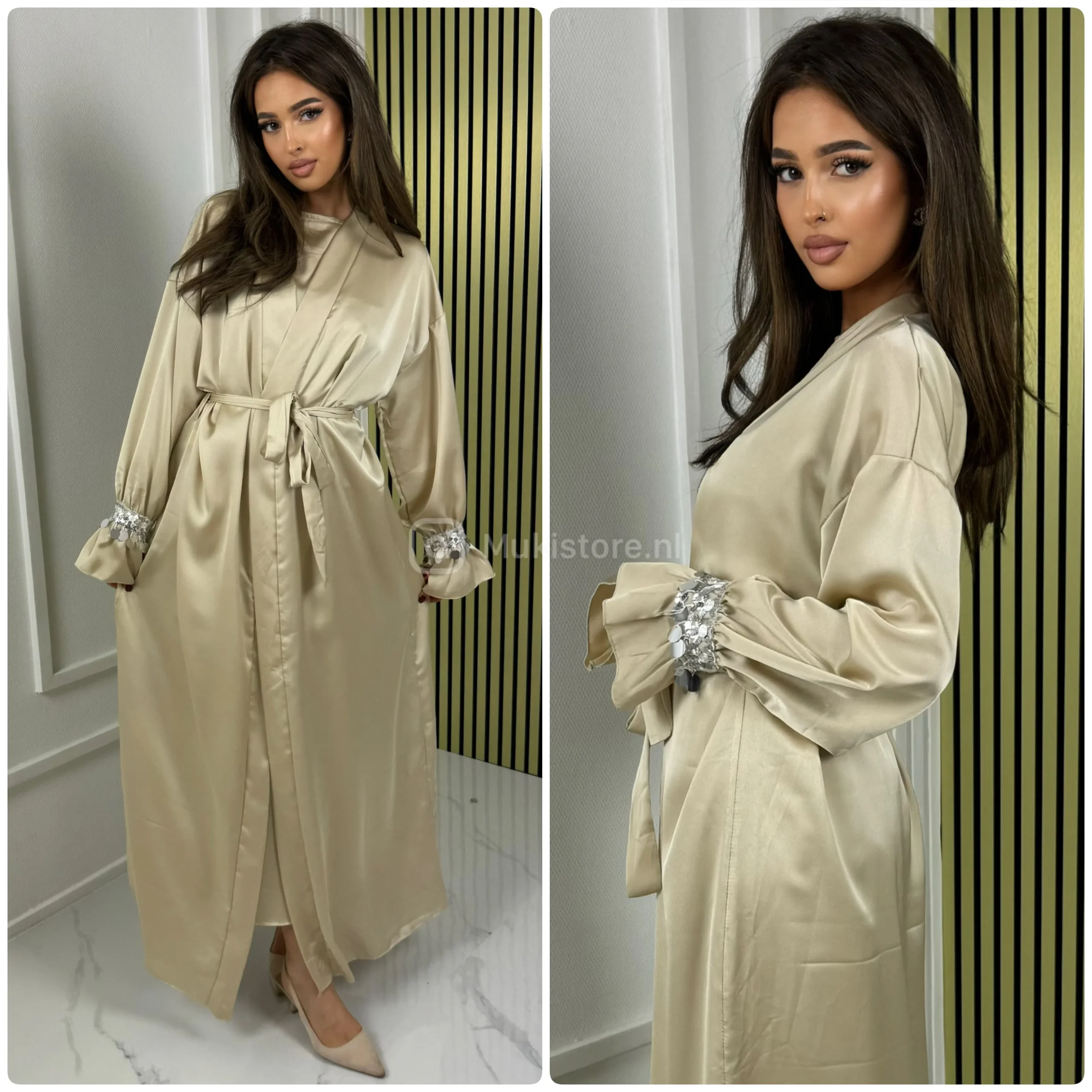2pcs Set Satin Tie Belt Kimono + Dress Silver Sleeve Detail - Afbeelding 7