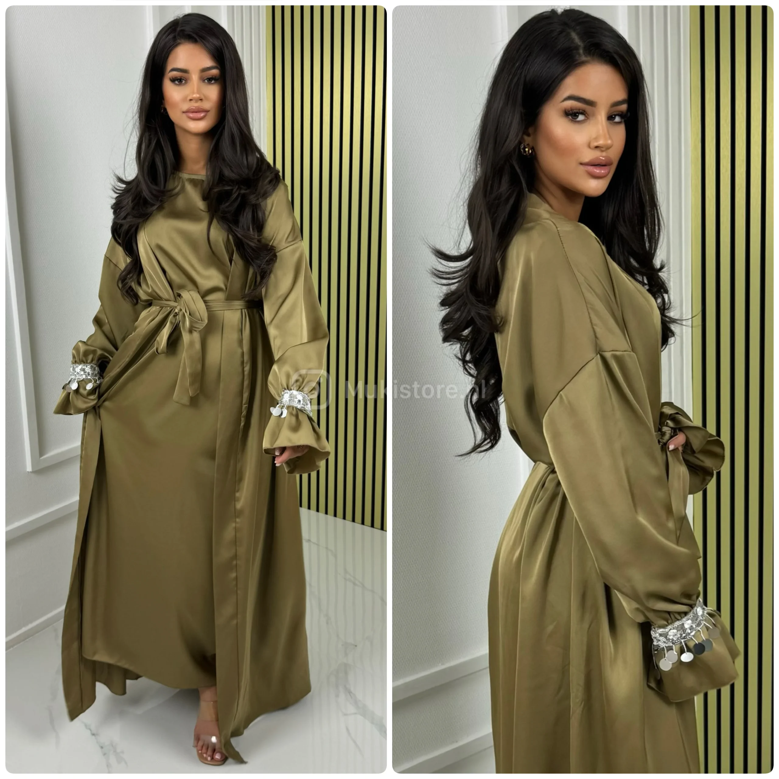 2pcs Set Satin Tie Belt Kimono + Dress Silver Sleeve Detail - Afbeelding 9