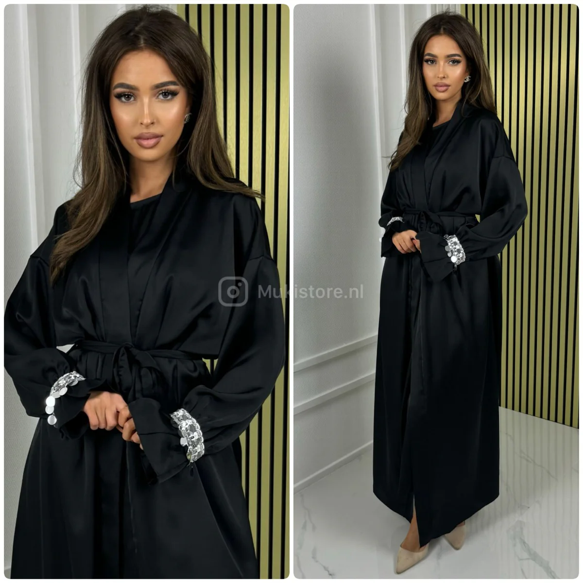 2pcs Set Satin Tie Belt Kimono + Dress Silver Sleeve Detail