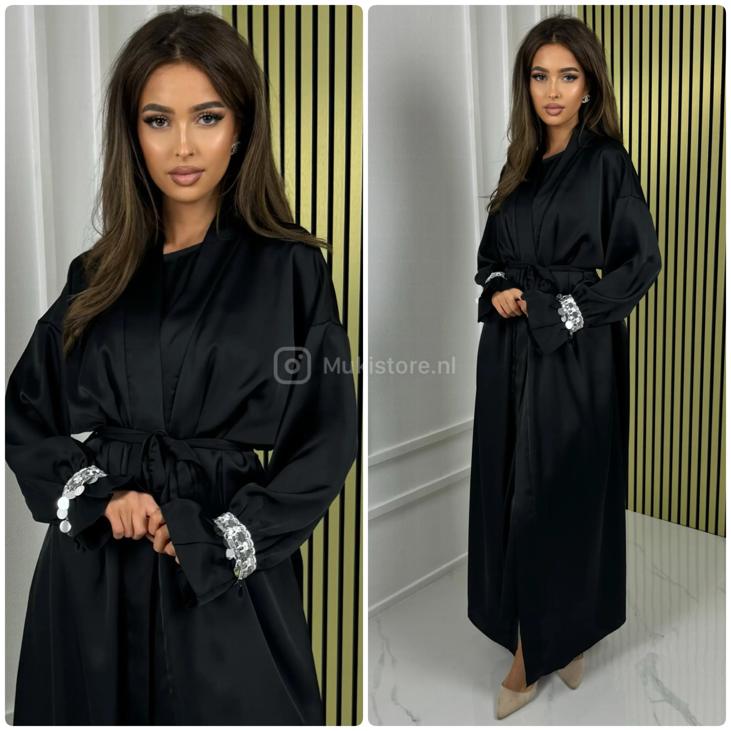 2pcs Set Satin Tie Belt Kimono + Dress Silver Sleeve Detail - Afbeelding 6