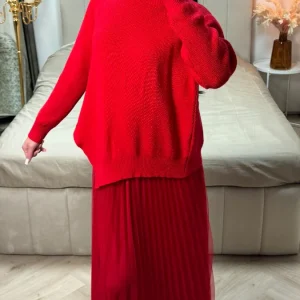 2pcs Set Sweater + V Neck Dress Pleated