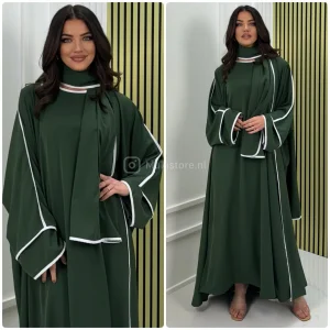 3pcs Kimono + Dress + HeadscarfShawl White Line Detail