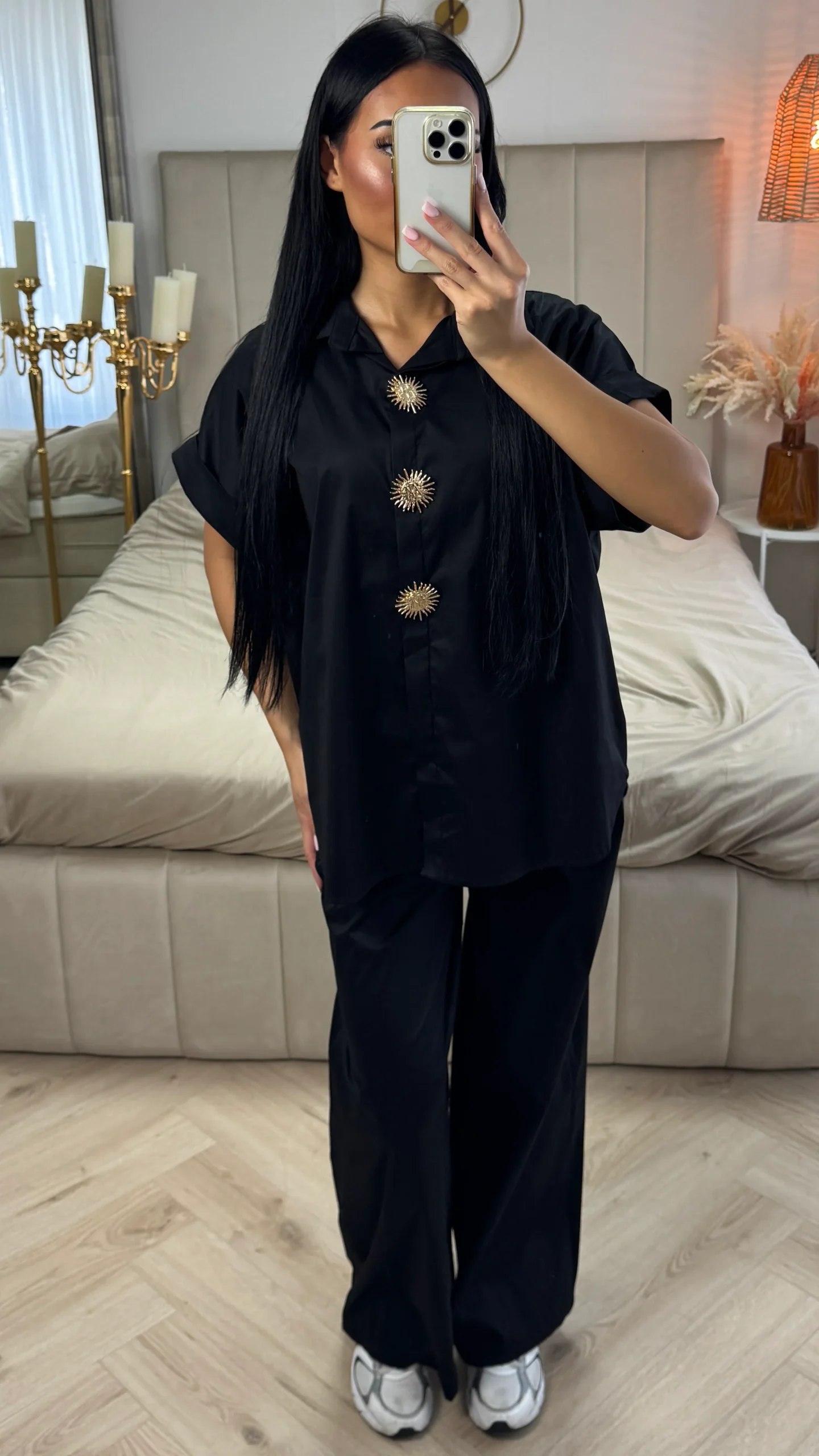 2-Delige Set van Katoen met Gouden Knopen – Korte Mouw & Wijde Broek - Afbeelding 2