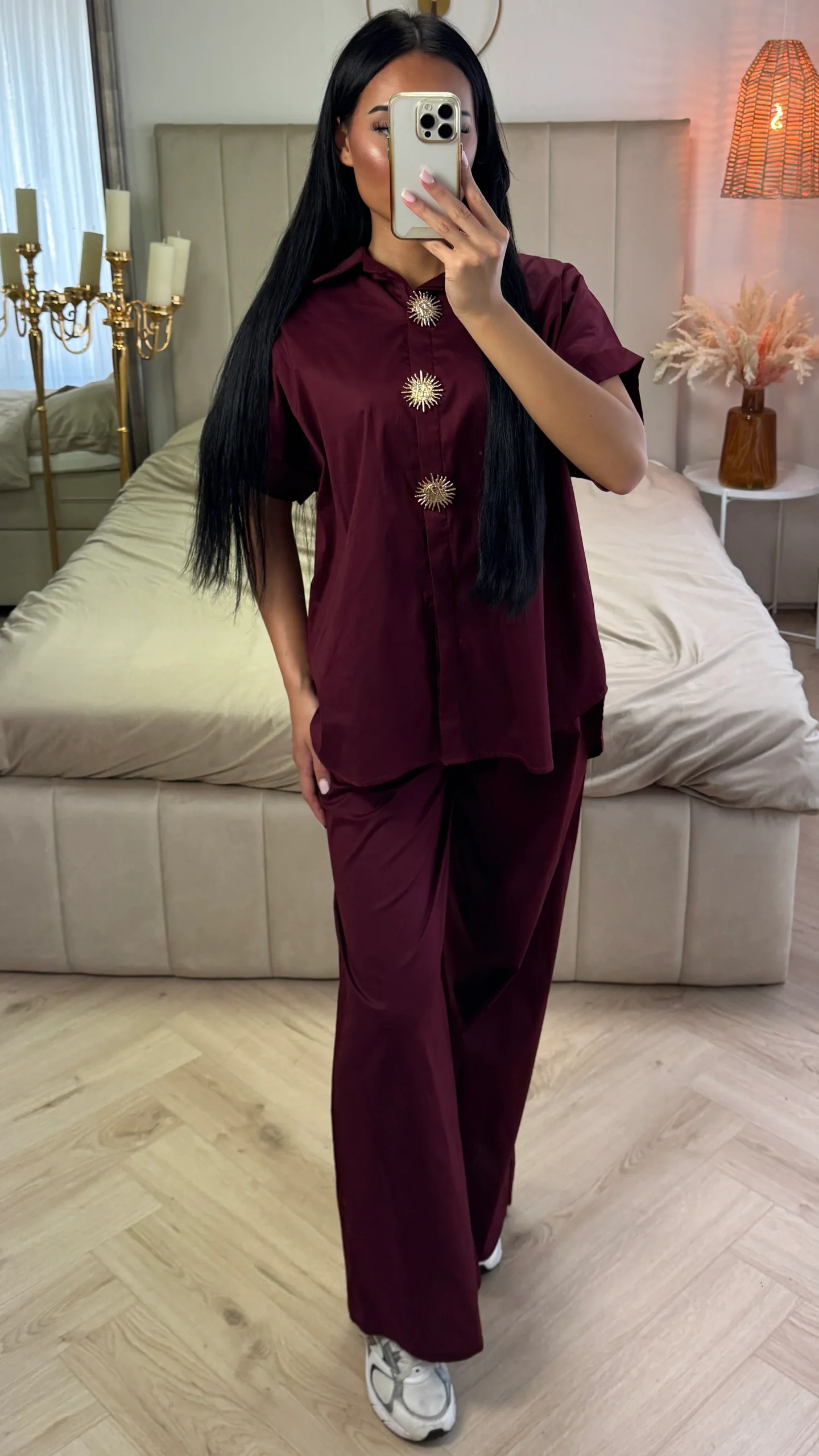 2-Delige Set van Katoen met Gouden Knopen – Korte Mouw & Wijde Broek - Afbeelding 5