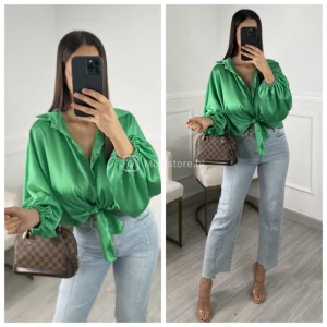 Oversized Satin Crop Blouse Elastic Sleevs