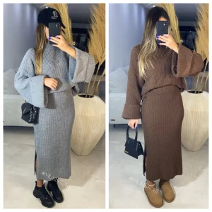 Folded Arms Knitwear Long Skirt Split Set