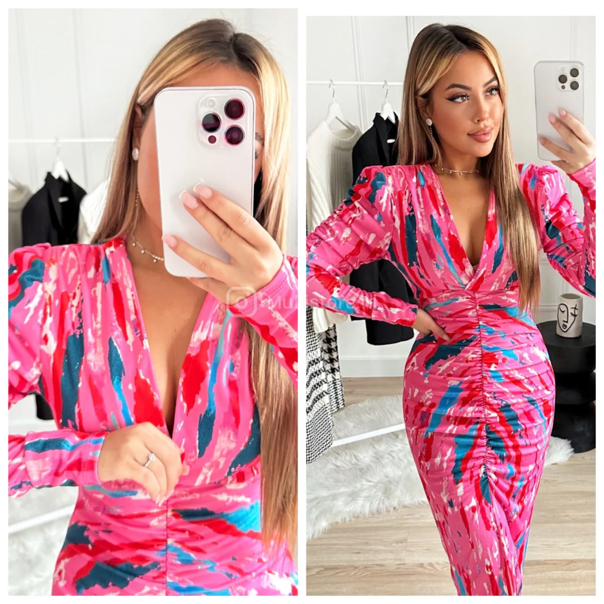 V Neck Printed Dress Taille Detail Shoulder Pads 7932-1 - Afbeelding 4