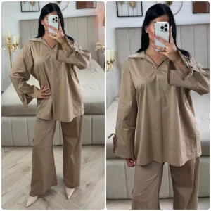 2pcs Set V Neck Slit Sleeve Tie Detail + Wide Leg