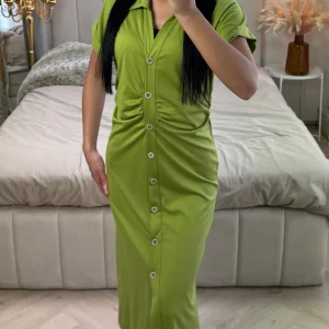 Aangesloten Overhemdjurk met Knoopsluiting & Rimpeldetail