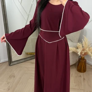 Abaya Maxi Jurk met Parelrand en Tailleceintuur