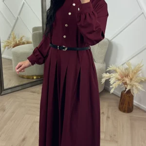 Abaya Maxi Jurk met Plooien en Gouden Knopen