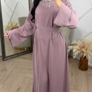 Abaya Maxi Jurk met Strass Hals en Tailleceintuur