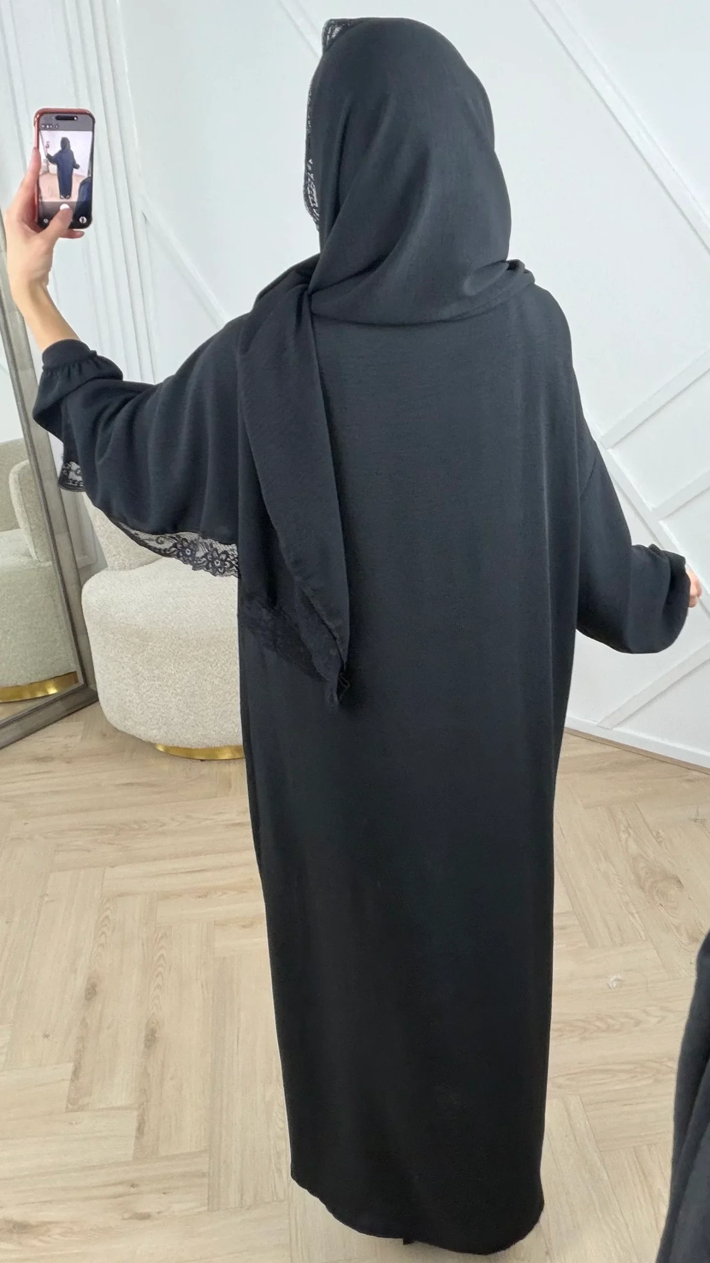 Abaya met aangehechte Khimar en kanten details - Afbeelding 7