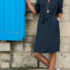 Lianne - Halflang Jurk met Zakken en Korte Mouwen