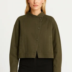 Cropped Damesjas | Opstaande Kraag & Drukknoopsluiting | Minimalistisch Design