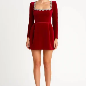 Mini Jurk Dames - Vierkante Hals met Lange Mouwen en Kristal Detail