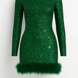 Mini Jurk Dames - Pailletten met Veren en Lange Mouwen | Feestelijk