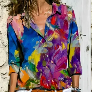 Stijlvol Abstract Print Shirt met Lange Mouwen | Modern en Comfortabel Dames T-shirt