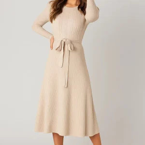 Midi Jurk Dames - Lange Mouwen Gebreid met Ceintuur | Casual