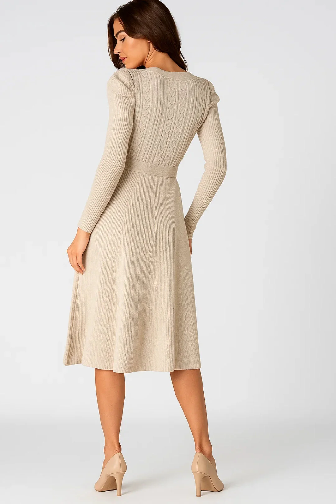 Midi Jurk Dames - Lange Mouwen Gebreid met Ceintuur | Casual - Afbeelding 3