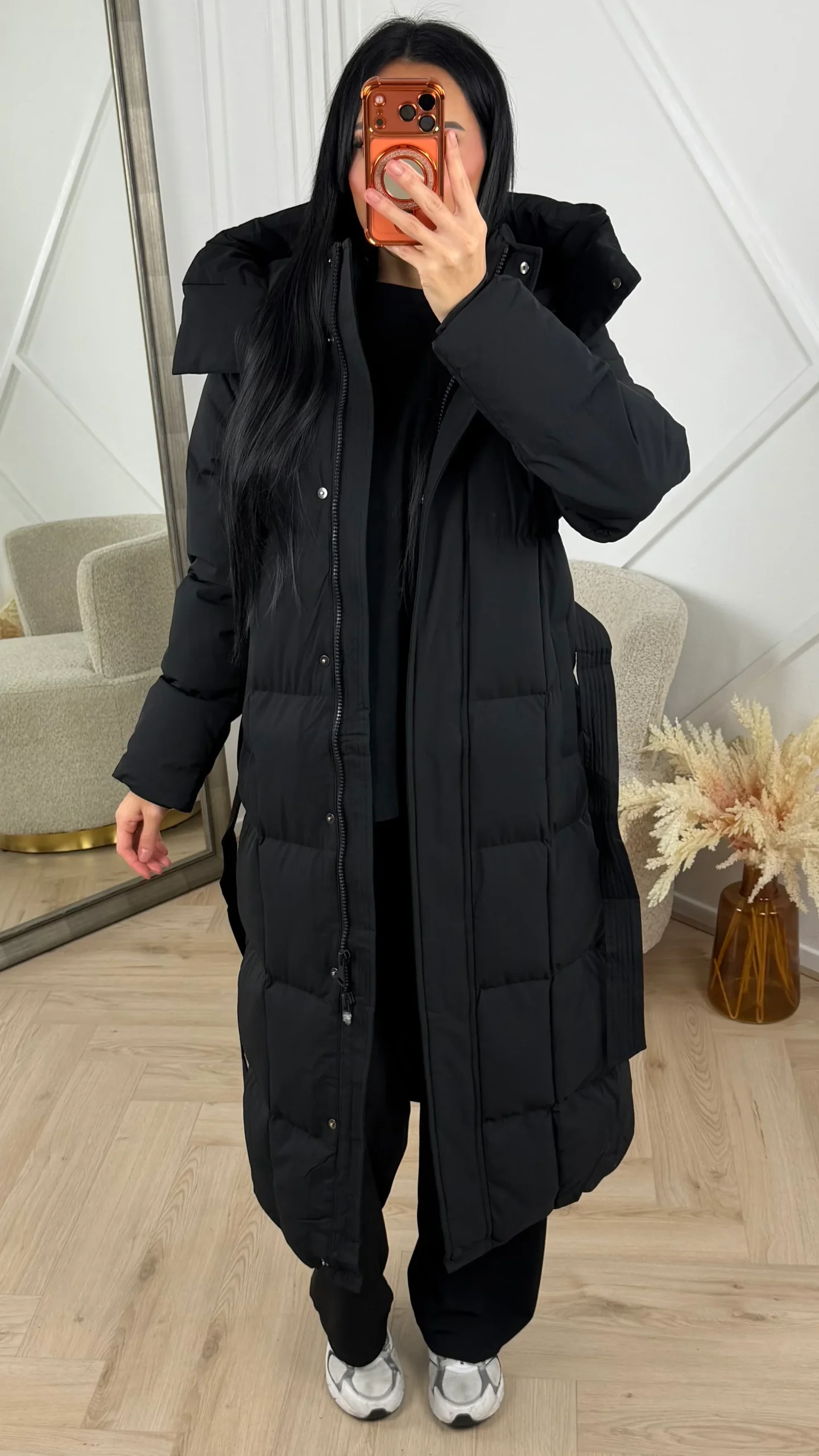 Gewatteerde Lange Puffer Jas met Capuchon en Ceintuur - Afbeelding 3