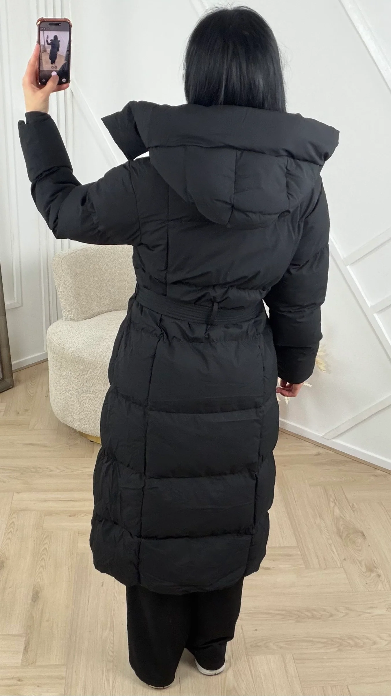 Gewatteerde Lange Puffer Jas met Capuchon en Ceintuur - Afbeelding 4