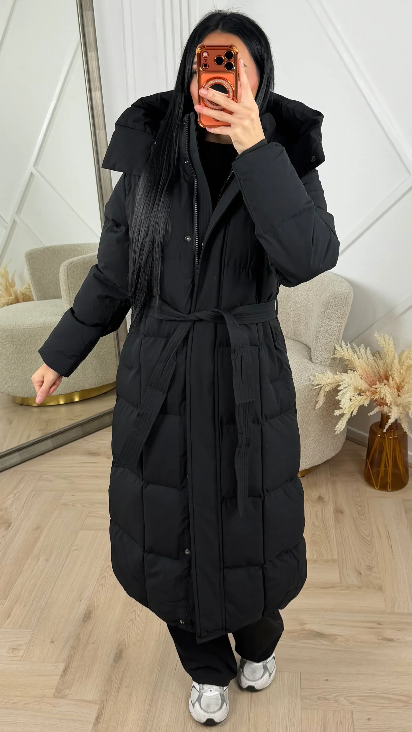 Gewatteerde Lange Puffer Jas met Capuchon en Ceintuur - Afbeelding 5