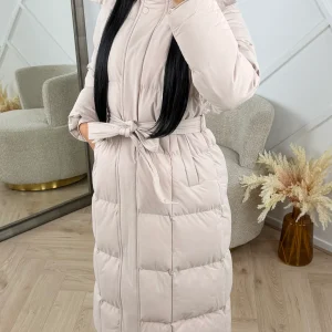 Gewatteerde Lange Puffer Jas met Capuchon en Ceintuur