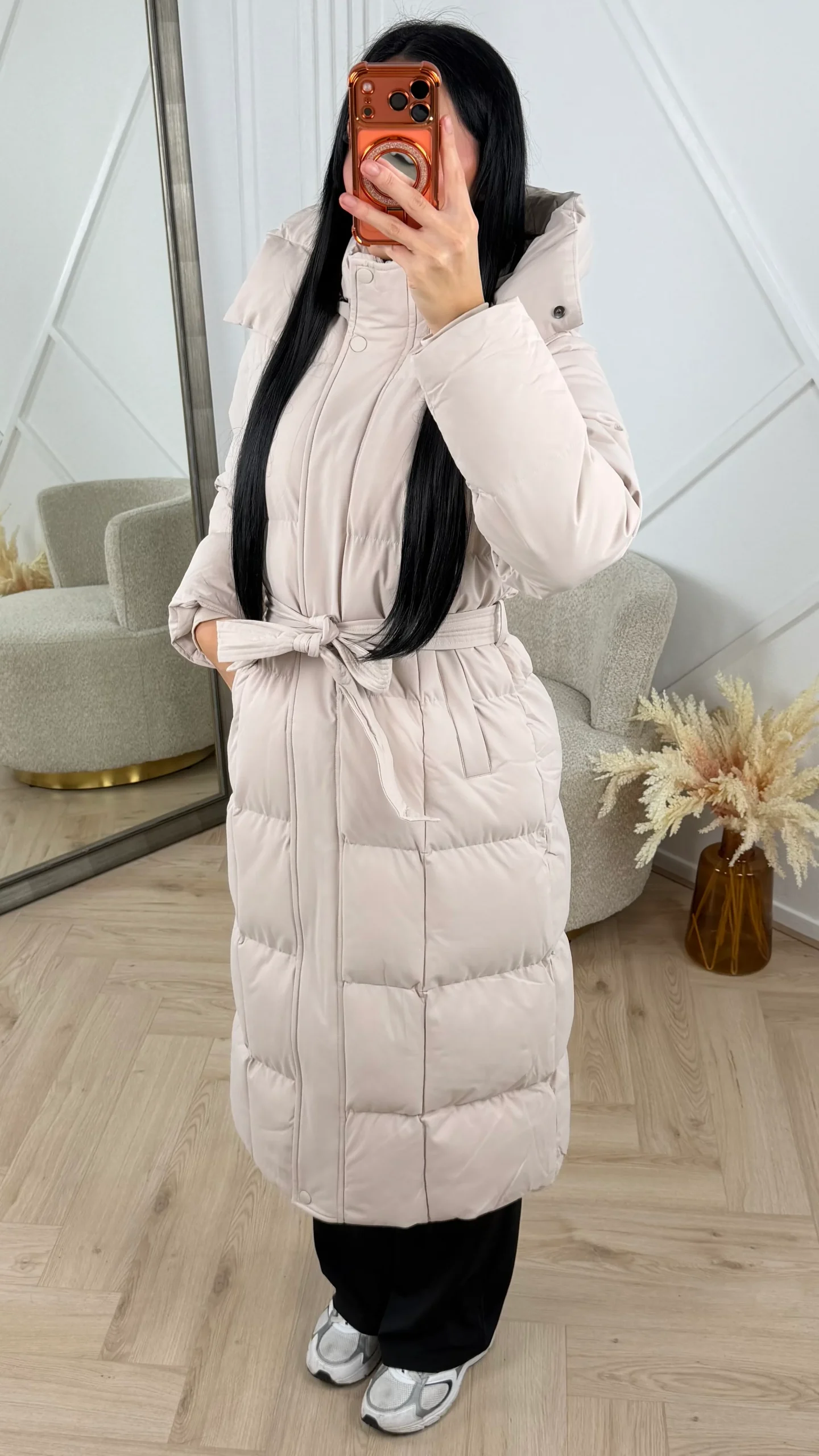 Gewatteerde Lange Puffer Jas met Capuchon en Ceintuur - Afbeelding 2